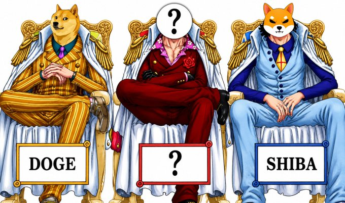 A meme-style image showing three figures sitting on thrones with labels: 'DOGE' (a Shiba Inu in a yellow pinstripe suit), '?' (a mysterious figure with a question mark in a red suit), and 'SHIBA' (another Shiba Inu in a blue suit).