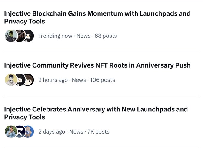 A list of news article headlines about the Injective blockchain, including topics like momentum with launchpads, NFT community, and anniversary celebrations.