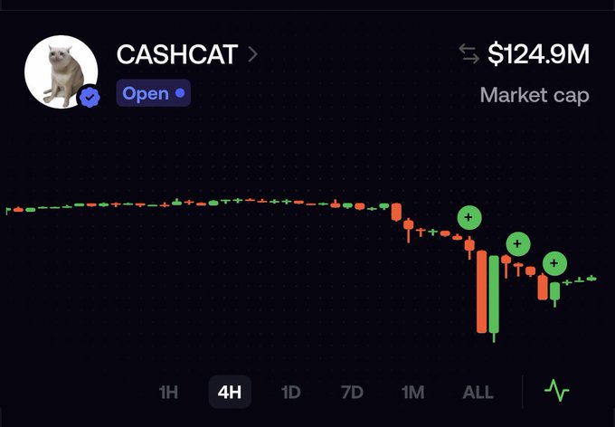 A cryptocurrency chart for 'CASHCAT' displays a market cap of $124.9M with a candlestick graph showing a downward trend followed by recent recovery, viewed on a 4-hour timeframe against a dark background.