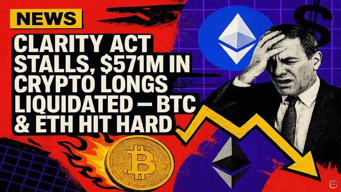 A news graphic with bold text 'CLARITY ACT STALLS, $571M IN CRYPTO LONGS LIQUIDATED — BTC & ETH HIT HARD' featuring an image of a distressed man, Ethereum and Bitcoin logos, and a downward chart arrow.