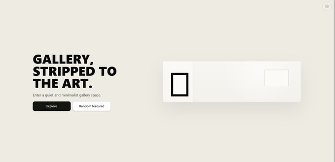 A minimalist webpage mockup with the headline "GALLERY, STRIPPED TO THE ART." and tagline "Enter a quiet and minimalist gallery space," featuring "Explore" and "Random featured" buttons alongside a simple framed illustration—visually representing the clean, public-facing design of the upcoming gallery dapp that complements the main collectibles platform.
