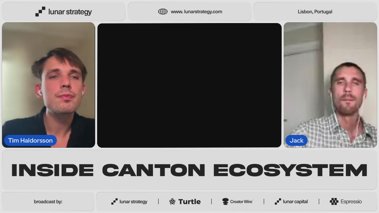 The image shows a computer screen with two men's faces displayed, both wearing headphones. They appear to be participating in an online video call or webinar about the "Inside Canton Ecosystem", possibly discussing topics related to turtle conservation or other ecological issues. The background of the image is blurred and does not provide any additional information about the event.