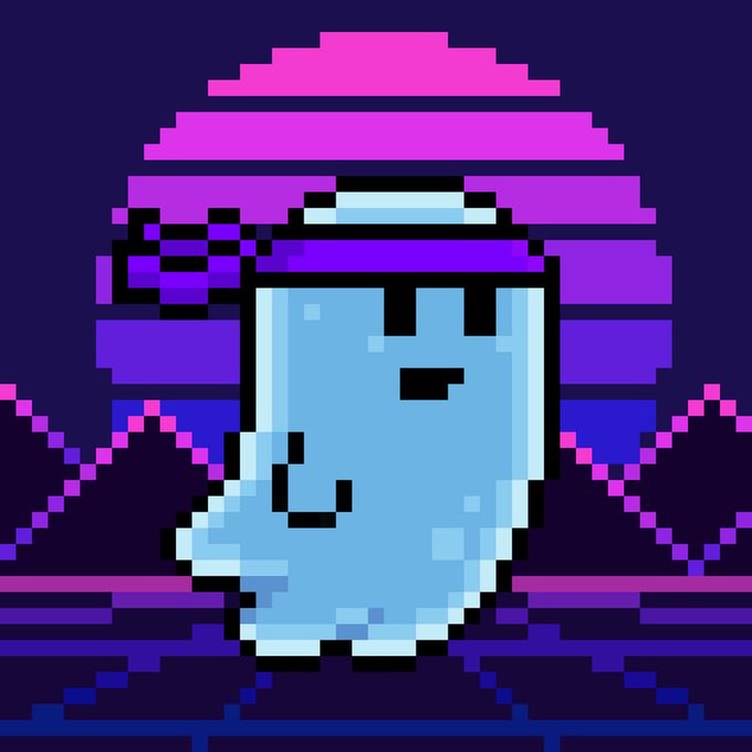 Pixel art of a blue jar character with sunglasses against a synthwave-style pink and purple sunset background.