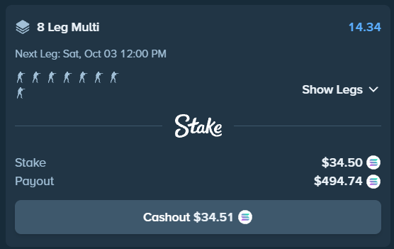 The image shows a Stake betting slip for an "8 Leg Multi" with a $34.50 stake, a potential payout of $494.74, and a cashout option of $34.51, with the next leg scheduled for Saturday, October 3rd at 12:00 PM. This aligns with the post's promotion of a multi-leg parlay bet on Stake, where the creator is offering to tip $200 if they win.
