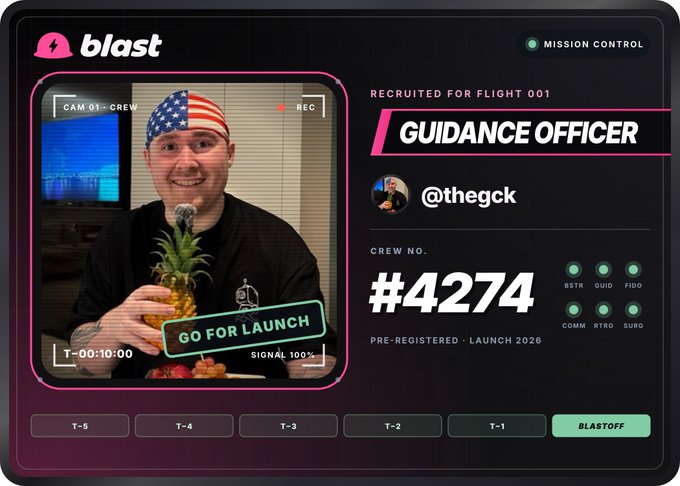 A person with the handle @thegck is featured in a "blast" mission control graphic as a "GUIDANCE OFFICER" for Flight 001, holding a pineapple, with a countdown showing T-00:10:00 and a "GO FOR LAUNCH" stamp. The post "$SUI Meme Season" ties to the image's space launch theme and crypto culture vibe, positioning the user as an "astronaut" ready for liftoff into meme coin trading.