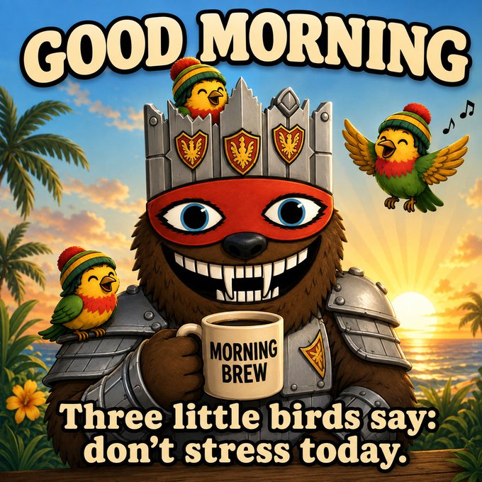 An illustrated furry creature in medieval armor and a crown holds a 'MORNING BREW' coffee mug, surrounded by colorful birds, with text reading 'GOOD MORNING' and 'Three little birds say: don't stress today.'