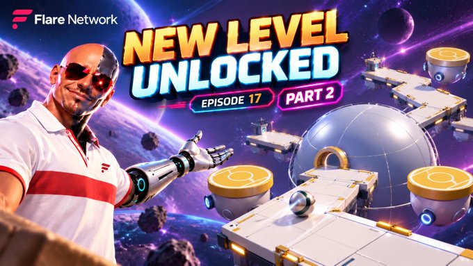 A Flare Network promotional banner featuring a man with a cybernetic arm and sunglasses, with the text 'NEW LEVEL UNLOCKED EPISODE 17 PART 2' alongside a space station graphic.