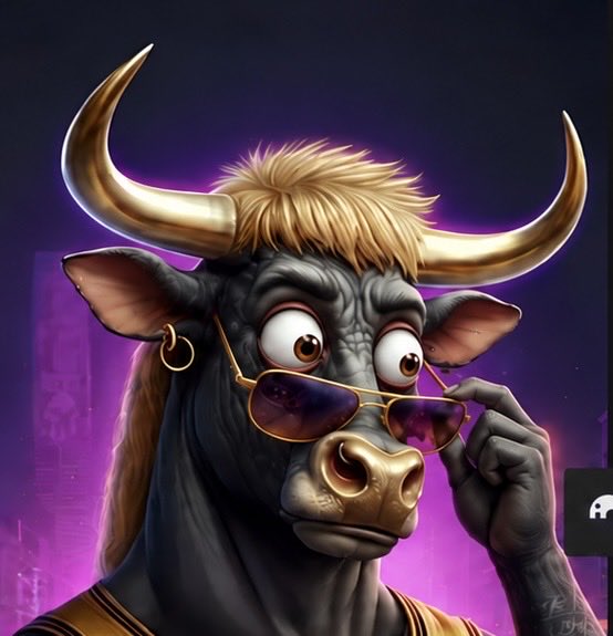 A stylized 3D cartoon illustration of a bull with blonde hair, golden horns, and sunglasses set against a purple background.