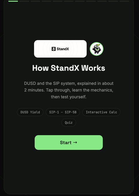 Mobile app screen titled 'How StandX Works' explaining the DUSD and SIP system in about 2 minutes, with topic tags 'DUSD Yield', 'SIP-1 – SIP-5B', 'Interactive Calc', and 'Quiz', plus a green 'Start →' button.