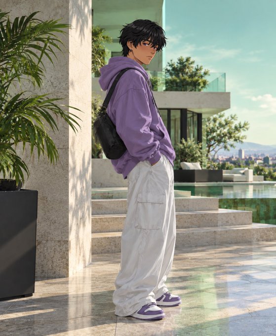An anime-style illustration of a young man with dark hair wearing a purple hoodie, white cargo pants, and purple sneakers, standing on a patio of a modern house with a pool and city view in the background.