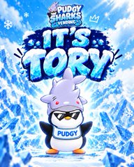 A Pudgy Penguins promotional image titled 'IT'S TORY' featuring a penguin wearing sunglasses against an icy blue background, with 'PUDGY MARKS THE PENGUIN' branding.