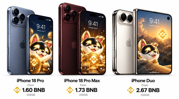 Three iPhones display a cat meme wallpaper with Binance logos, priced in BNB: 'iPhone 18 Pro From 1.60 BNB', 'iPhone 18 Pro Max From 1.73 BNB', and 'iPhone Duo From 2.67 BNB', all 256GB.