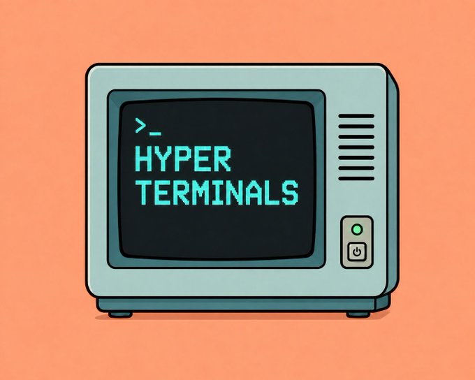 A cartoon illustration of a retro gray computer monitor displaying '>_ HYPER TERMINALS' in cyan pixelated text on an orange background.