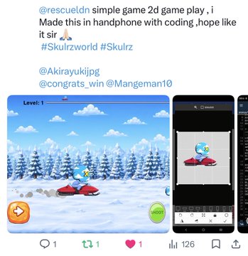 A Twitter post by @rescueldn showcases their hand-coded 2D mobile game called "Skullrz," featuring a blue skull character dodging obstacles on a snowy level (Level: 1) with 126 likes, while the accompanying caption celebrates game development contest winners @DaymanOnSol, @RetroGame02, and @Bretclas as top creators among impressive entries.