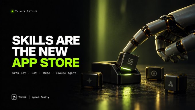 A Termix promotional graphic reading “SKILLS ARE THE NEW APP STORE” and “Grok Bot • Dot • Muse • Claude Agent,” with a robotic hand arranging app-like cubes.