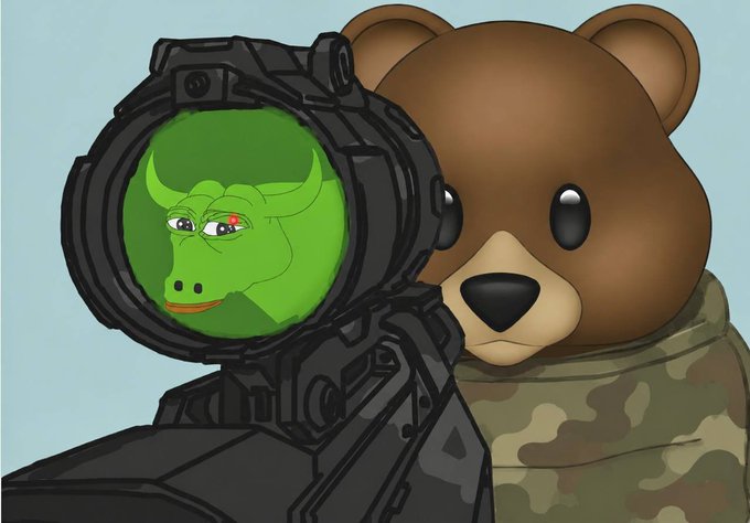 The image features a cartoon bear wearing camouflage clothing, with a gun pointed at it through a green lens. The caption reads "只有真正的“战壕兄弟”（Trench Warriors）才能懂 $BEAR 的远景。 最极致的市场对冲工具。 冬眠已经结束。". The bear is positioned in front of a green lens, which has an image of a bull on it.

The post seems to be promoting a military or tactical theme with the cartoon bear and its surroundings.