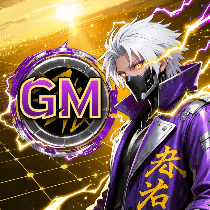 Anime-style 'GM' (Good Morning) crypto meme artwork featuring a white-haired character in a purple jacket and mask against a yellow lightning-filled background with binary code.