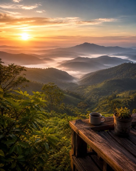 A scenic mountain landscape at sunrise with mist-filled valleys, featuring a wooden table in the foreground holding a coffee mug and potted plant.