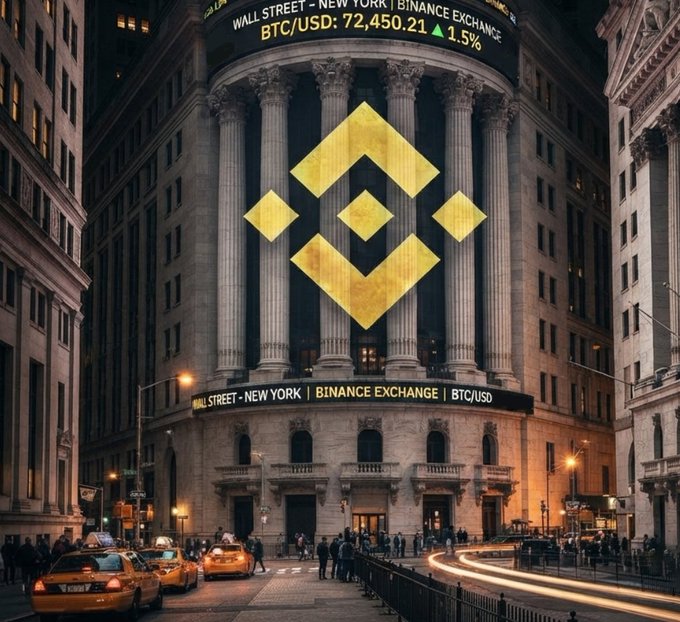 The image shows the New York Stock Exchange building on Wall Street illuminated at night with a large Binance logo projected on its facade, alongside a ticker displaying "BTC/USD: 72,450.21 ▲1.5%" and banners reading "WALL STREET - NEW YORK | BINANCE EXCHANGE."

The visual ties directly to the post's theme by juxtaposing Binance's branding on the iconic NYSE building, symbolizing BNB Chain's rising competitive position in tokenized stock trading as it surpasses rivals with $5.2 billion in volume.