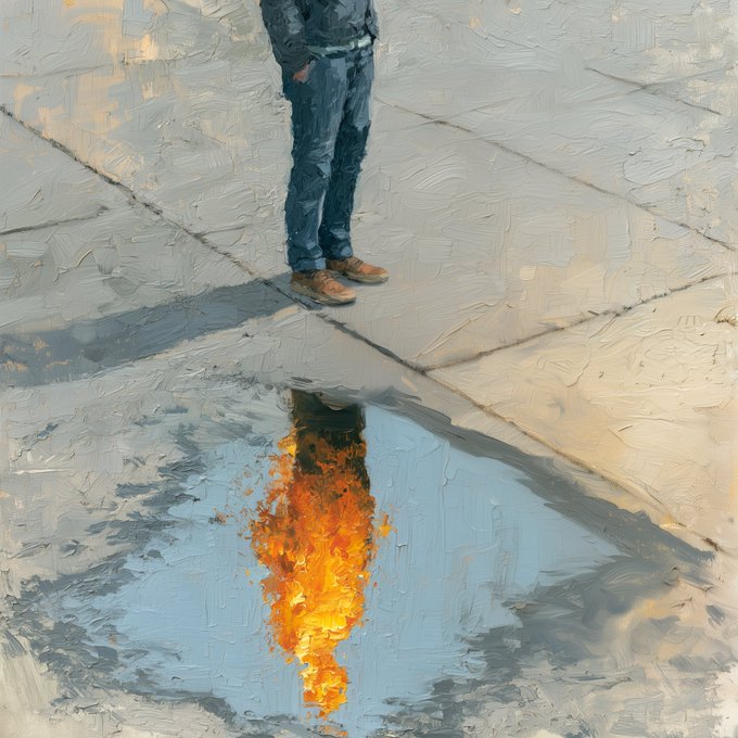 An oil painting shows a person in jeans and brown shoes standing on a paved surface, with a fiery reflection visible in a puddle at their feet.