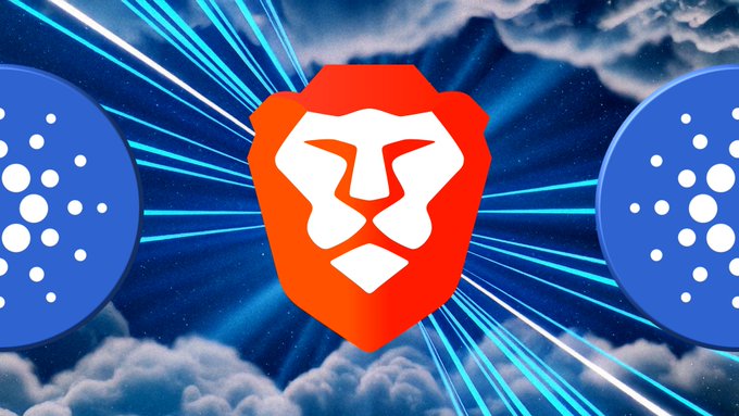 A Brave browser logo in orange and white is centered between two Cardano (ADA) logos, set against a stylized sky background with light rays.
