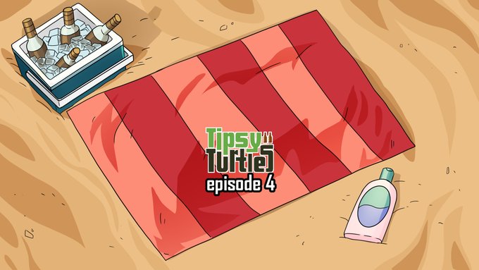 An illustration of a beach picnic setup with a red blanket, an ice cooler of drinks, and sunscreen, featuring the 'Tipsy TukTuk episode 4' logo.