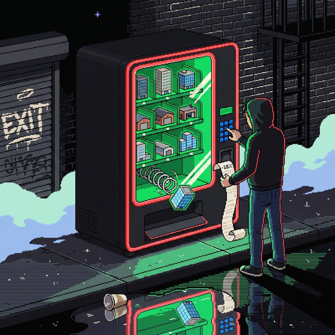 A pixel-art style illustration shows a hooded figure in a dark alley interacting with a glowing green vending machine that dispenses small buildings and houses, while a long receipt prints out.