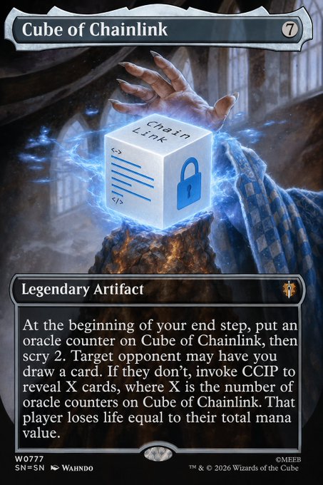 A 'Cube of Chainlink' trading card-style image depicts a glowing cube held by a hand, with text describing it as a 'Legendary Artifact' that allows the user to scry 2 and reveal cards.