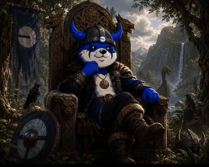 AI-generated artwork depicting a blue and white husky/dog mascot dressed as a Viking warrior with horned helmet and fur cloak, sitting on an ornate throne in a forest setting.