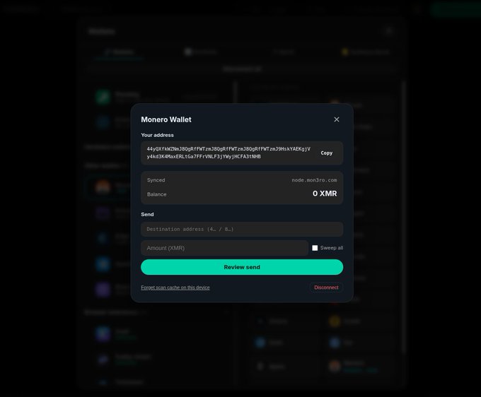 A screenshot of the THORDEX Monero Wallet interface showing a synced wallet with 0 XMR balance and an option to send XMR to a destination address. The wallet displays a view key, confirms it's connected to node.mon3ro.com, and emphasizes local chain scanning and privacy by noting "your view key never leaves your device."