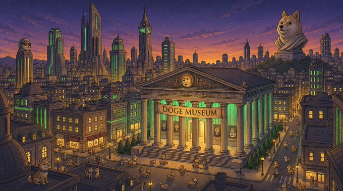 An illustrated fantasy cityscape at dusk featuring a prominent building labeled 'DOGE MUSEUM' with classical columns, giant Shiba Inu dog statues, and numerous small dog figures populating the streets.