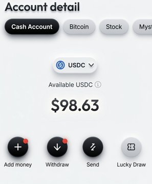 The image shows an account details page displaying a USDC Cash Account balance of $98.63, along with options to Add money, Withdraw, Send, or Lucky Draw. This aligns with the post confirming receipt of a $98 Gluon Creator Payment, matching the visible balance amount.