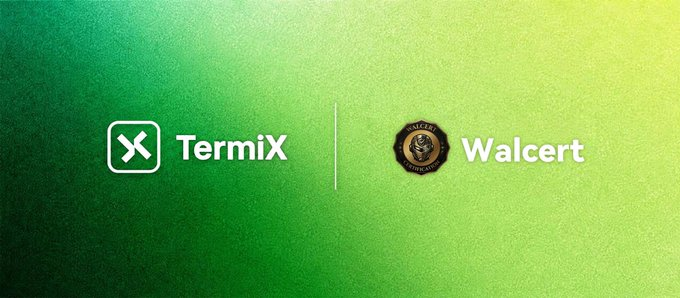 A promotional banner with a green gradient background displaying the logos of 'TermiX' and 'Walcert' side by side.