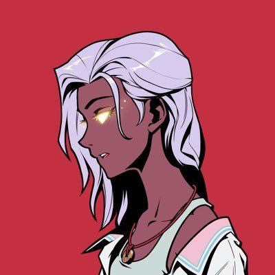 An anime-style illustration of a dark-skinned character with white hair and glowing yellow eyes, wearing a white shirt and a simple necklace against a red background.