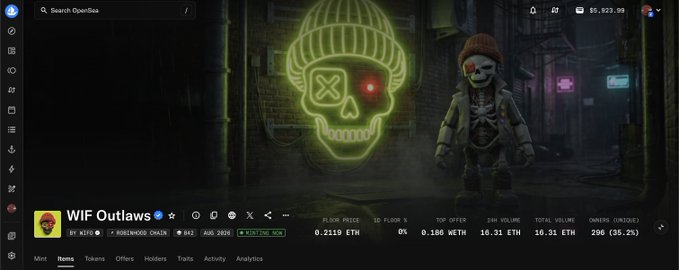 A Pump.fun trading page for the WIF Outlaws token, displaying a green skull graphic and a skeleton figure, with stats including a floor price of 0.2119 ETH and a 296% increase in owners.
