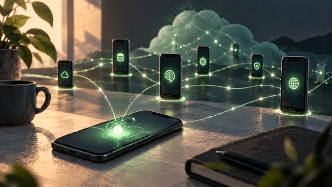 A stylized illustration showing multiple smartphones floating above a desk with glowing green digital pathways connecting them, symbolizing cloud connectivity, AI, and global networking.