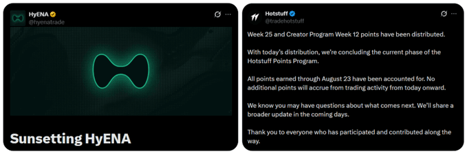 Two social media posts are shown: a HyENA (@hyenatrade) post with green logo artwork reading 'Sunsetting HyENA,' and a Hotstuff (@tradehotstuff) post announcing the conclusion of Week 25 and Creator Program Week 12 points distribution.