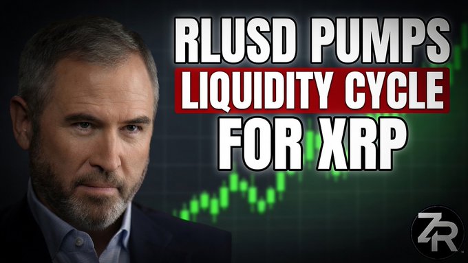 A thumbnail image featuring a man in a dark jacket on the left, with bold text reading "RLUSD PUMPS LIQUIDITY CYCLE FOR XRP" alongside a green upward-trending chart, promoting a YouTube video about how RLUSD will fuel the next XRP liquidity cycle.