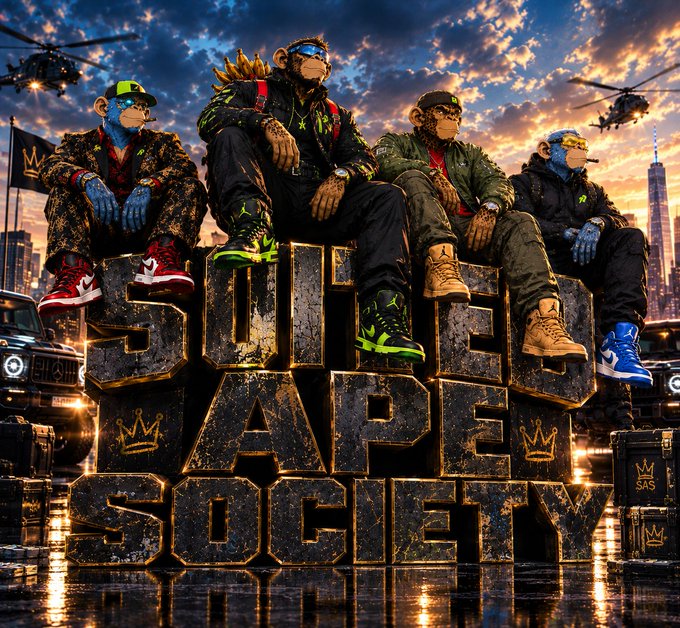 A digital artwork featuring four anthropomorphic monkeys in streetwear sitting atop large, distressed 3D letters. Helicopters and a city skyline are visible in the background under a dramatic cloudy sky.