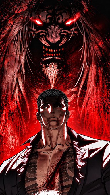 A dark manga-style illustration of a serious man with a demonic oni figure with glowing red eyes looming behind him.