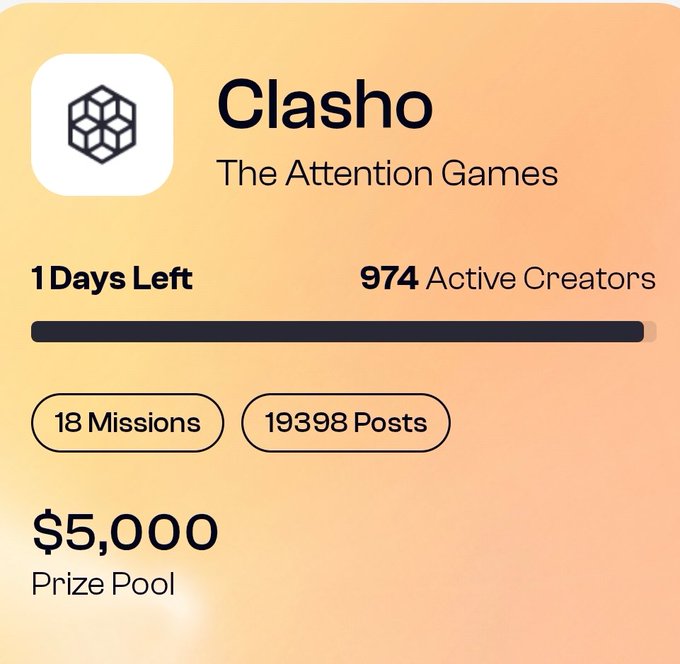 A promotional graphic for "Clasho - The Attention Games" showing 1 day left, 974 active creators, 18 missions, 19,398 posts, and a $5,000 prize pool.