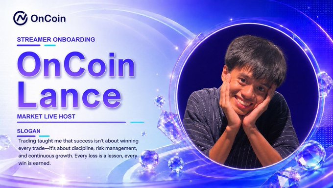 An OnCoin Streamer Onboarding graphic introduces 'OnCoin Lance' as a Market Live Host, featuring a photo of a smiling person resting their chin on their hands and a slogan about trading.
