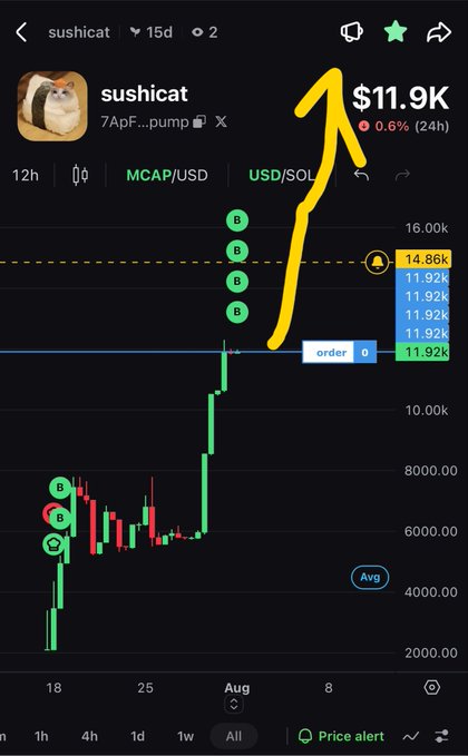 Mobile screenshot of a crypto trading chart for 'sushicat' showing a price of $11.9K with a 0.6% 24h change and a sharp upward trend highlighted by a yellow arrow.