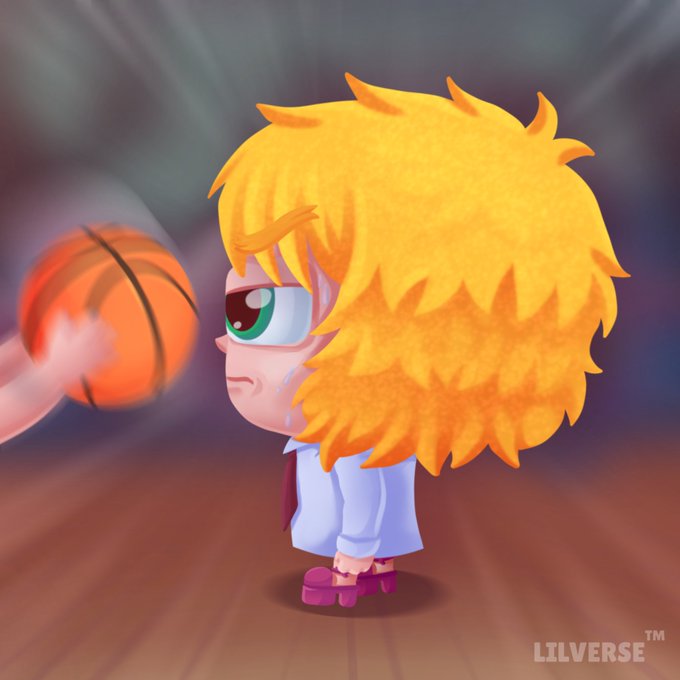 A nervous chibi-style character with spiky blonde hair and a single visible green eye stands on a wooden floor as a basketball is hurled at their face, with the "LILVERSE™" watermark visible in the bottom right. The image appears to be NFT artwork promoting the Lilverse collection, with the post noting that 493 of 5000 NFTs have been minted and none have been super rare—suggesting this scene humorously reflects the disappointing rarity odds for collectors.