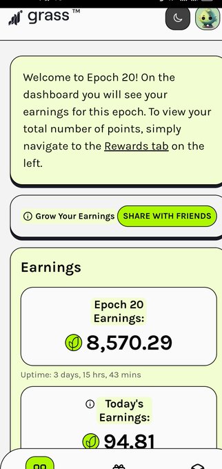 The image shows a Grass dashboard displaying "Epoch 20 Earnings" of 8,570.29 GRASS points with an uptime of 3 days, 15 hrs, 43 mins, and "Today's Earnings" of 94.81. The relatively modest earnings despite significant uptime support the post's sentiment that the $GRASS Season 2 airdrop rewards are disappointingly low, suggesting the airdrop won't "cook" as users had hoped.