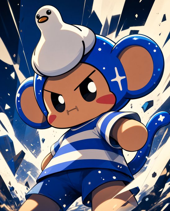 An illustrated chibi-style character with brown skin wears a blue mouse-eared helmet with a white seal on top and a striped blue and white outfit.