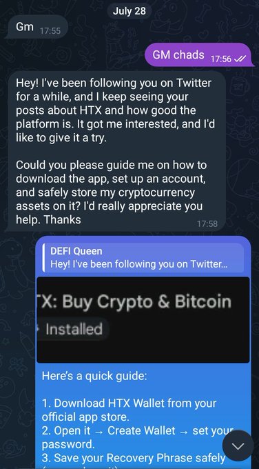 A Telegram chat dated July 28 between 'Gm' and a 'DEFI Queen' bot, discussing how to download HTX Wallet, create an account, set a password, and save a Recovery Phrase safely.