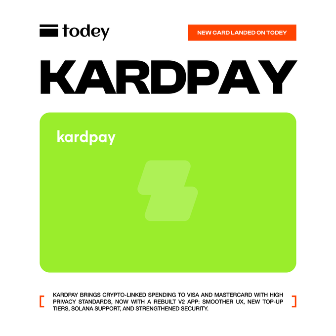 The image is a promotional graphic from Todey announcing that KARDPAY's new card has landed on the platform. It features the Todey logo, bold "KARDPAY" branding, and a bright lime green card mockup with the Kardpay logo, while the caption below highlights that KARDPAY brings crypto-linked spending to Visa and Mastercard with high privacy standards, a rebuilt V2 app offering smoother UX, new top-up tiers, Solana support, and strengthened security.