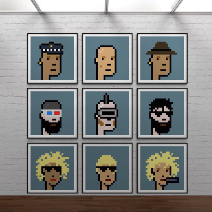 A gallery wall displays nine framed pixel-art portraits arranged in a 3x3 grid, depicting stylized characters with various hats, hairstyles, and accessories against blue backgrounds.