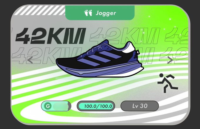 A digital achievement card titled 'Jogger' featuring a blue running shoe illustration, displaying '42KM', a progress bar showing '100.0/100.0', and 'Lv 30' on a green background.